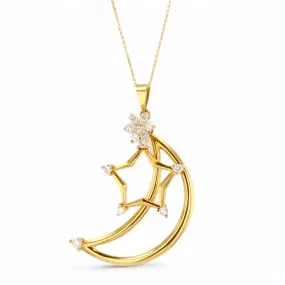 18K yellow gold high end moon star solid Vintage 0.50CT diamonds necklace-16677