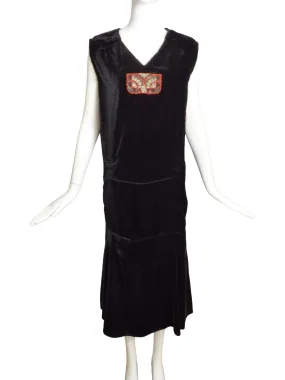 1920s Black Beaded Velvet Dress, Size 10