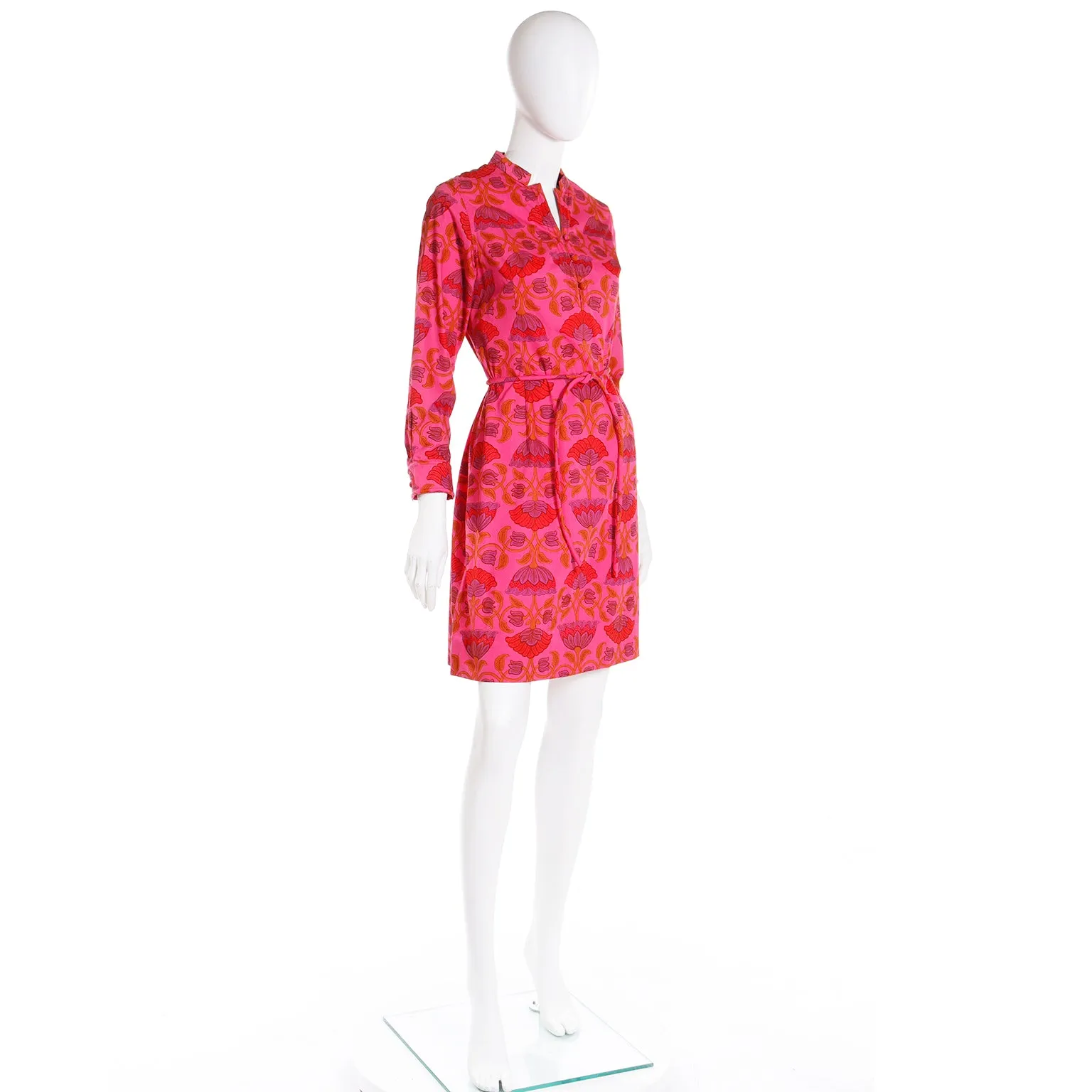 1970s Gumps San Francisco Pink & Orange Floral Cotton Dress w Belt