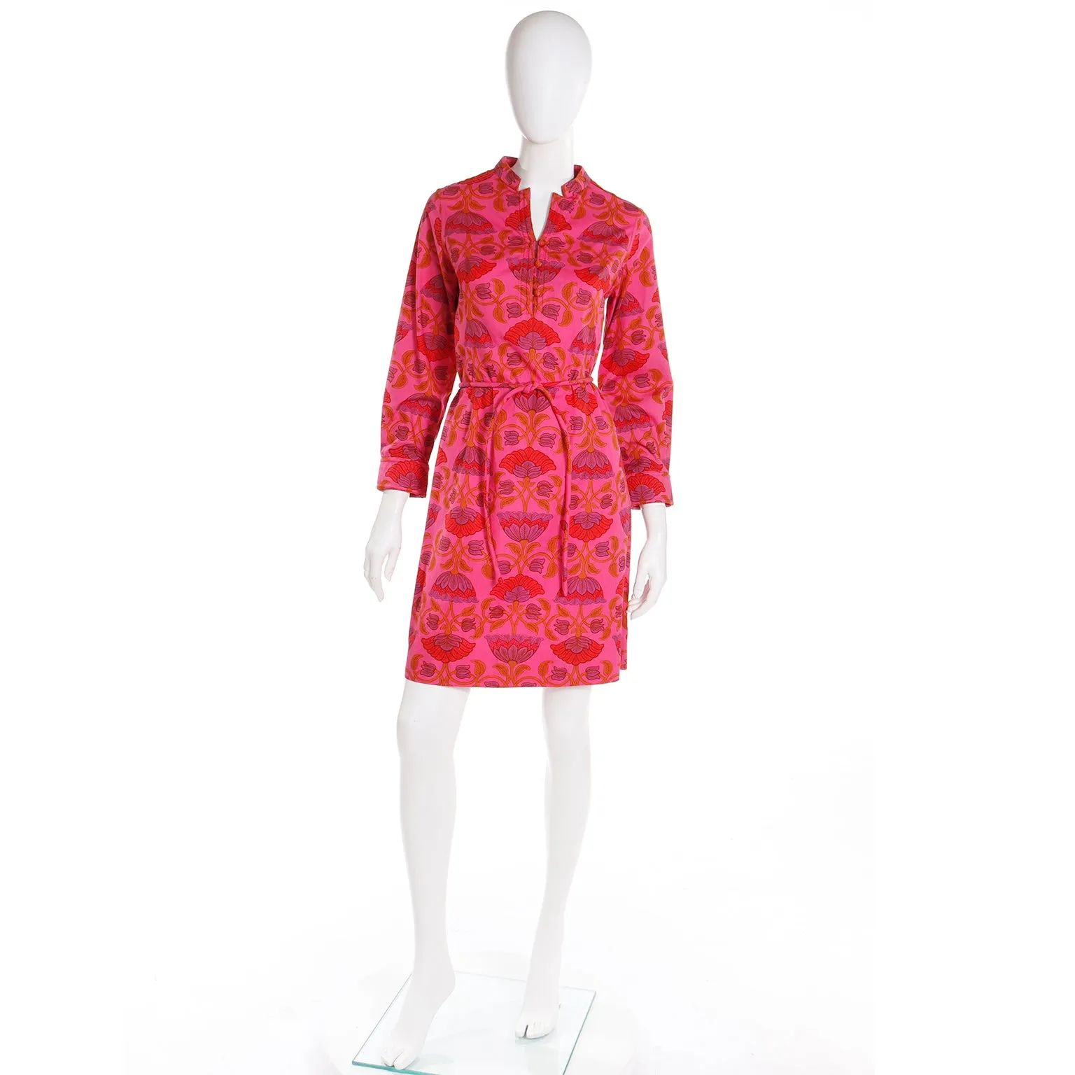 1970s Gumps San Francisco Pink & Orange Floral Cotton Dress w Belt