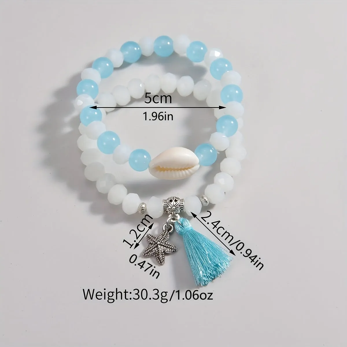 2pcs Glass Beads Tassel Alloy Starfish Pendant Ladies Bracelet Set Summer Beach Decor Vacation Ornament