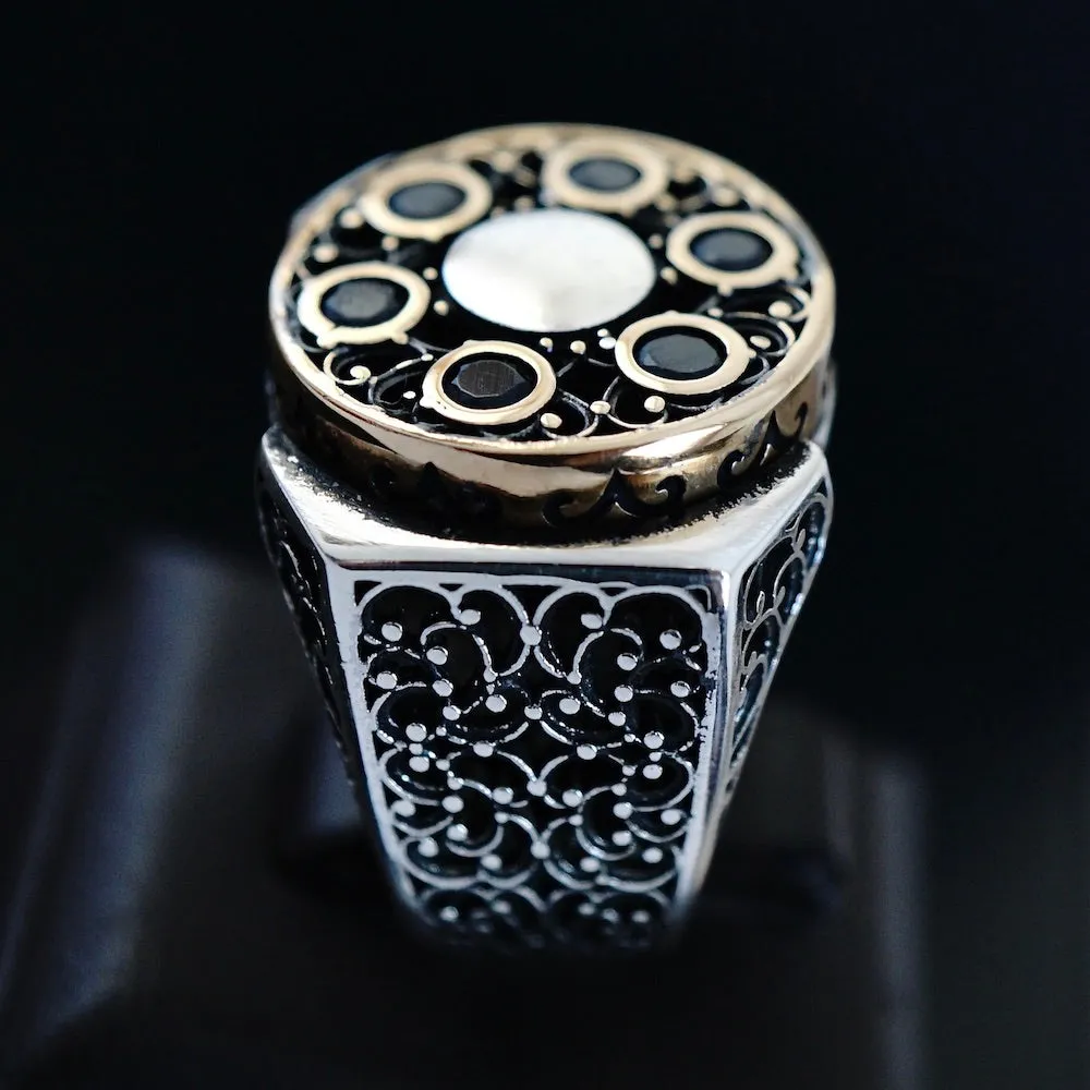 925 Sterling Silver Men's Ring Black Diamond Bullet Spinning Revolver Design Unique Jewelry