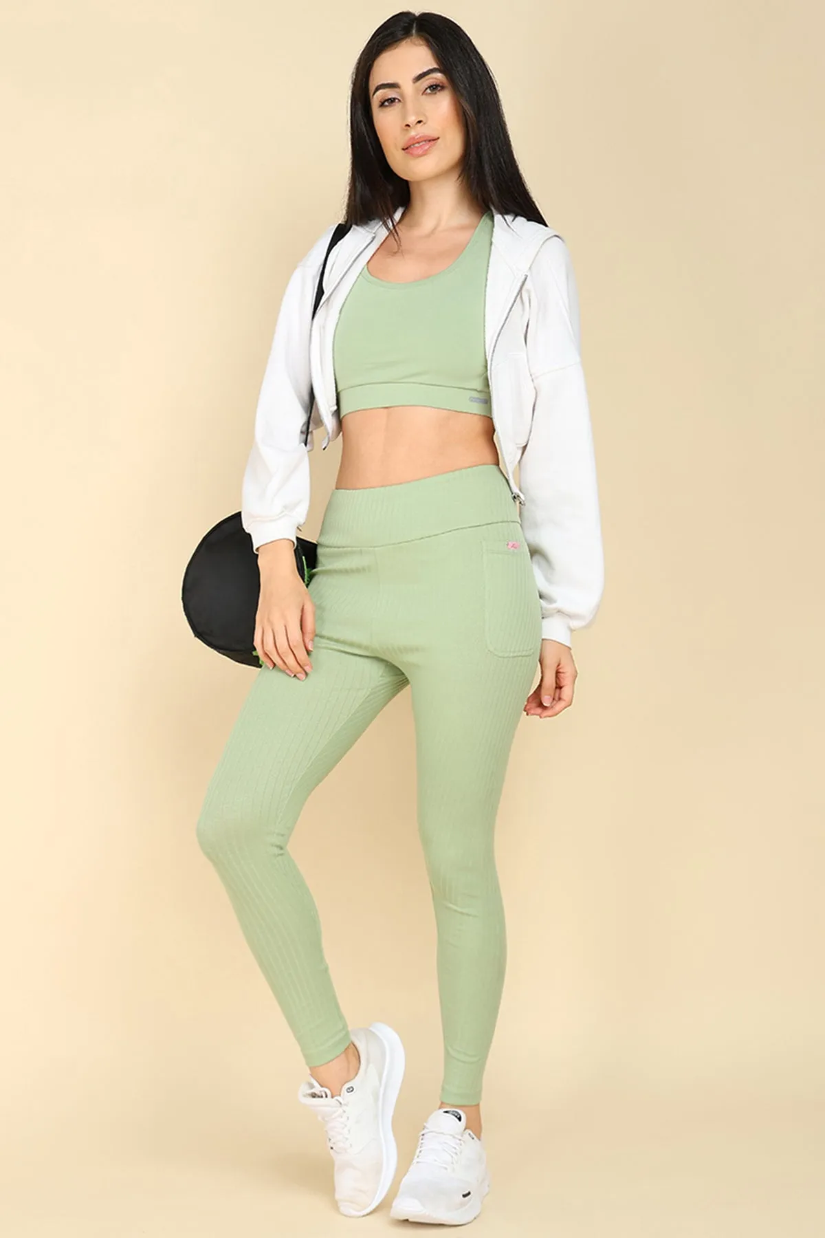 All Over Ribbed Cotton Pistachio Green Mom Legging