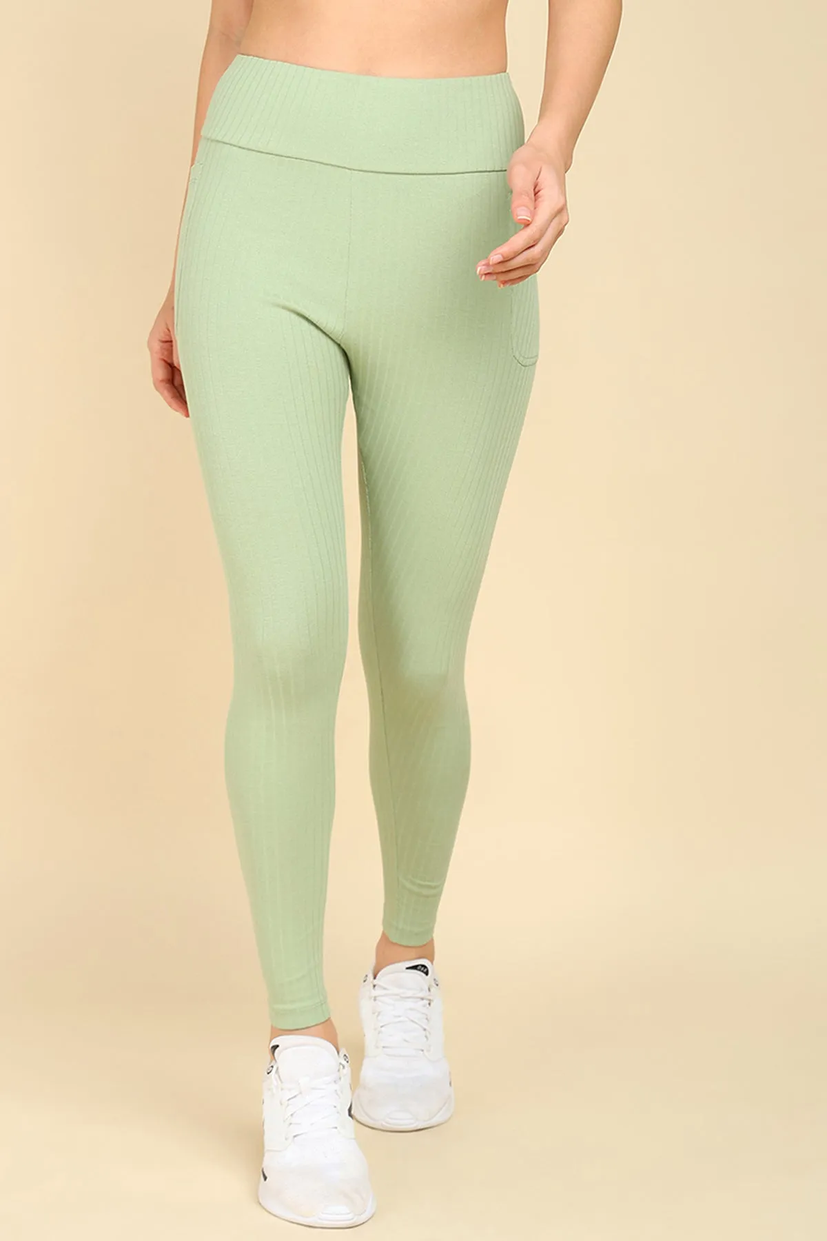 All Over Ribbed Cotton Pistachio Green Mom Legging