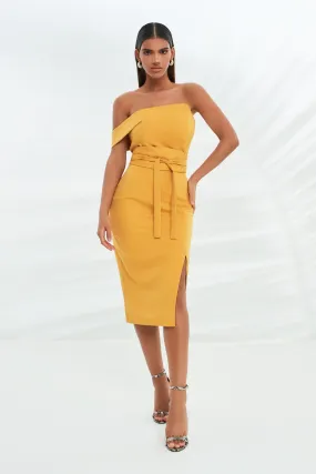 bandeau mid dress with obi belt in turmeric