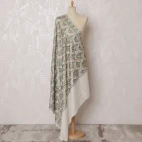 Cream and Green Pashmina Shawl Dupatta with Paisley Design – 230 x 120 Cms, India-D20324