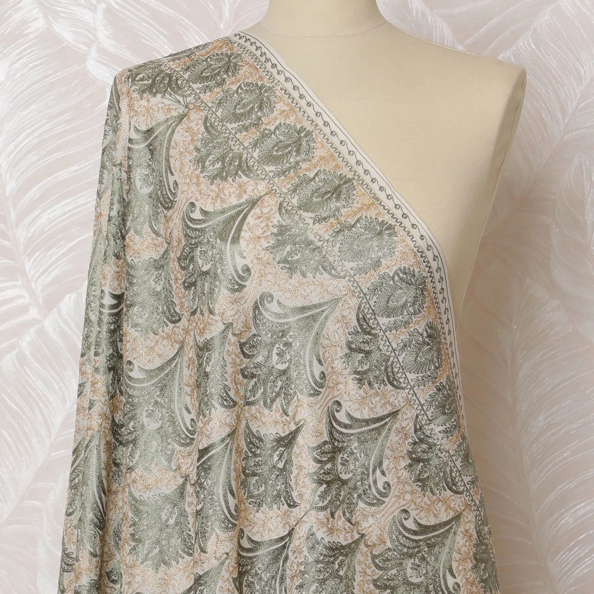 Cream and Green Pashmina Shawl Dupatta with Paisley Design – 230 x 120 Cms, India-D20324