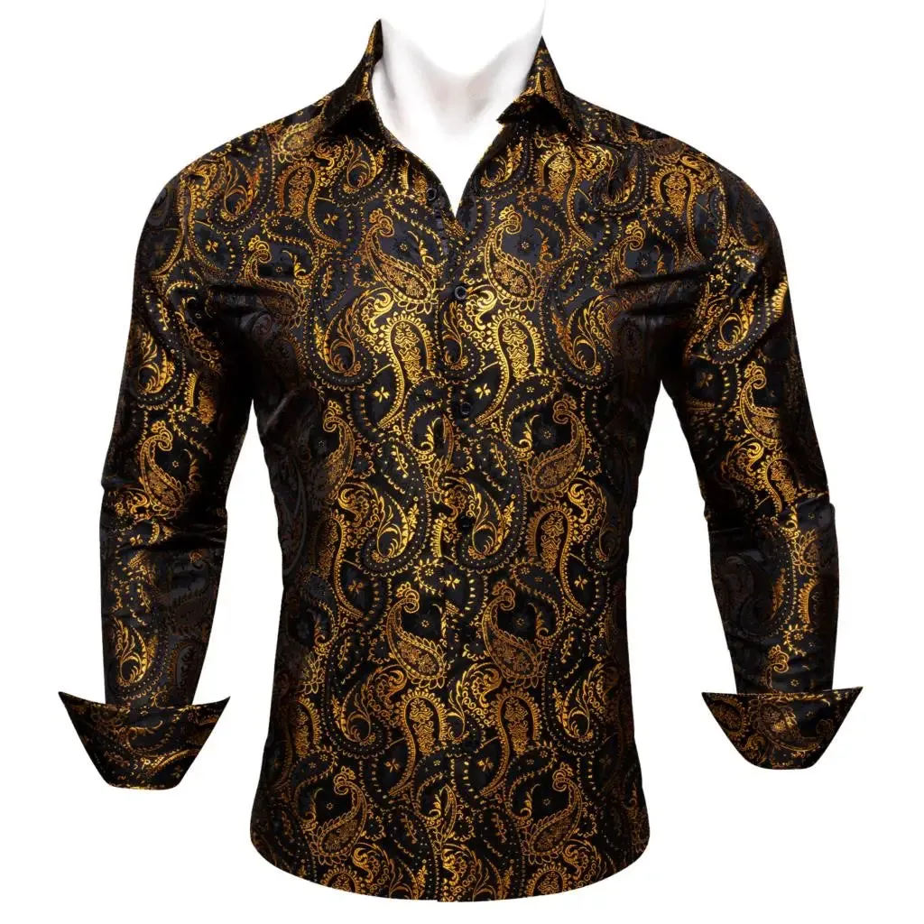 Designer Men's Shirts Silk Gold Embroidered Paisley Flower Long Sleeve Casual Blouses Slim Fit Clothing Lapel Tops Barry Wang