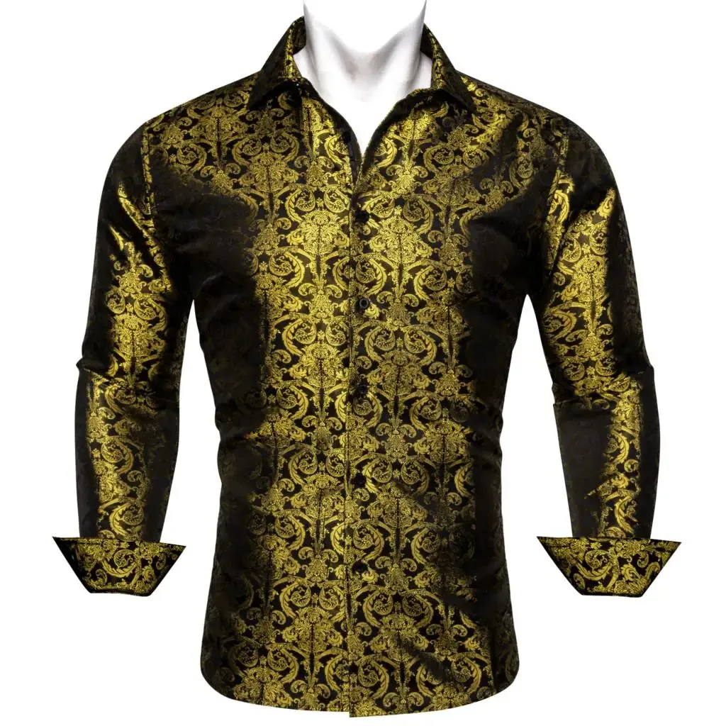 Designer Men's Shirts Silk Gold Embroidered Paisley Flower Long Sleeve Casual Blouses Slim Fit Clothing Lapel Tops Barry Wang