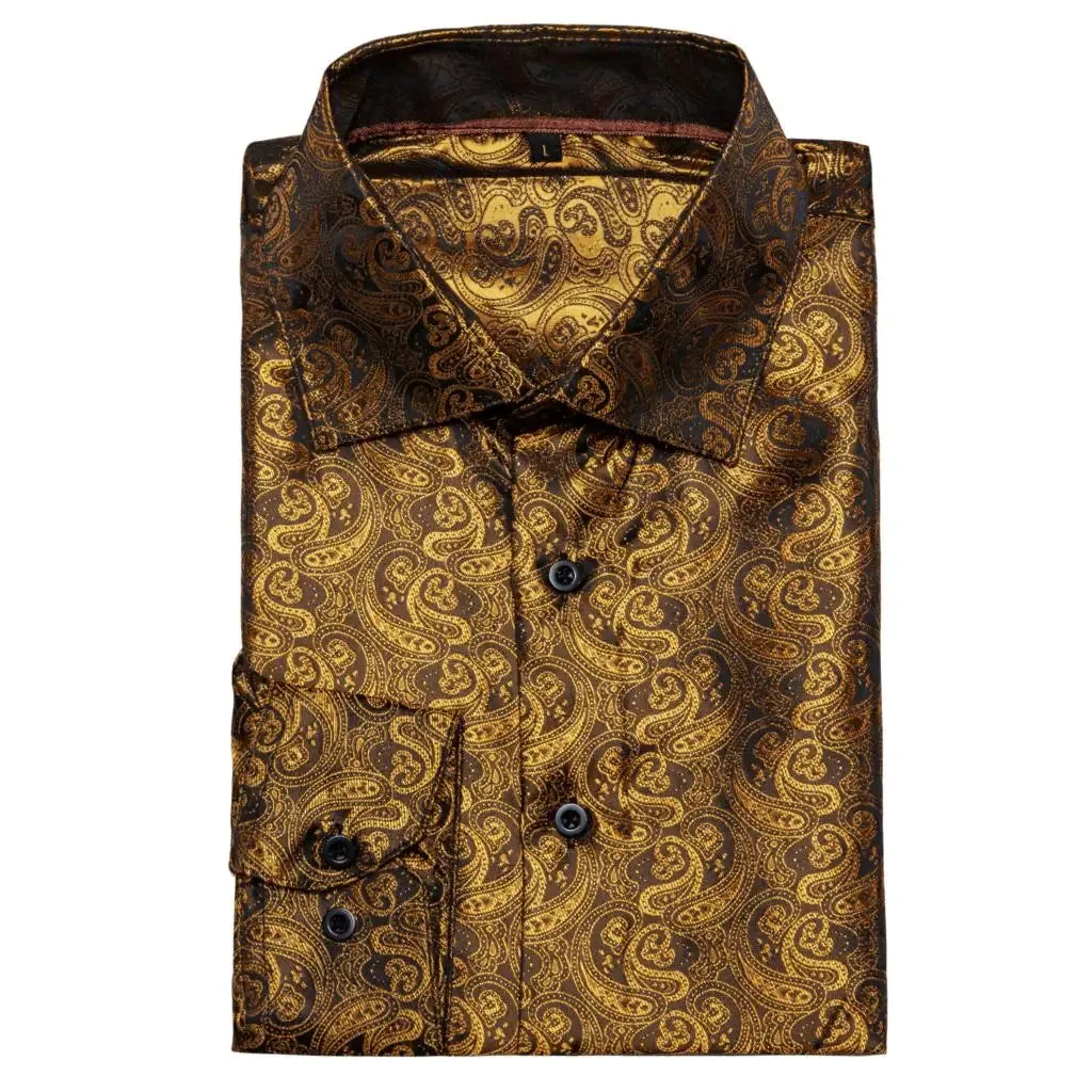 Designer Men's Shirts Silk Gold Embroidered Paisley Flower Long Sleeve Casual Blouses Slim Fit Clothing Lapel Tops Barry Wang