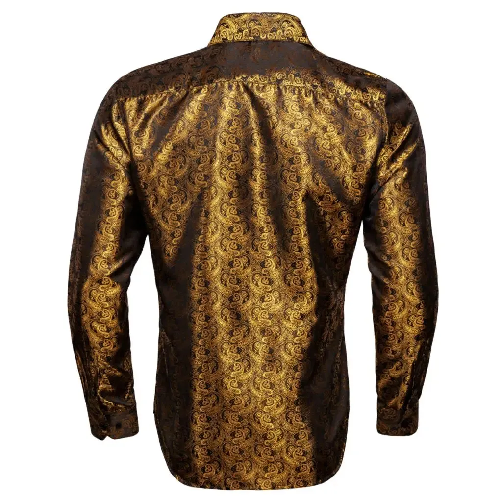 Designer Men's Shirts Silk Gold Embroidered Paisley Flower Long Sleeve Casual Blouses Slim Fit Clothing Lapel Tops Barry Wang