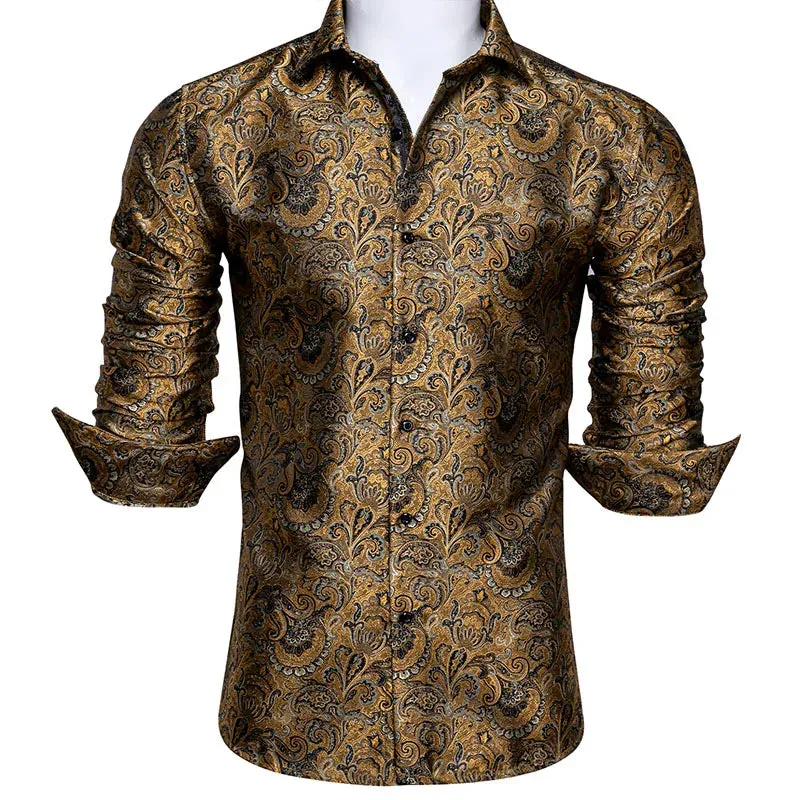 Designer Men's Shirts Silk Gold Embroidered Paisley Flower Long Sleeve Casual Blouses Slim Fit Clothing Lapel Tops Barry Wang