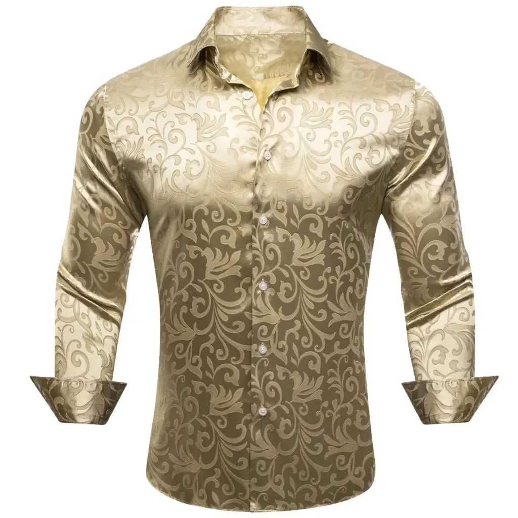 Designer Men's Shirts Silk Gold Embroidered Paisley Flower Long Sleeve Casual Blouses Slim Fit Clothing Lapel Tops Barry Wang