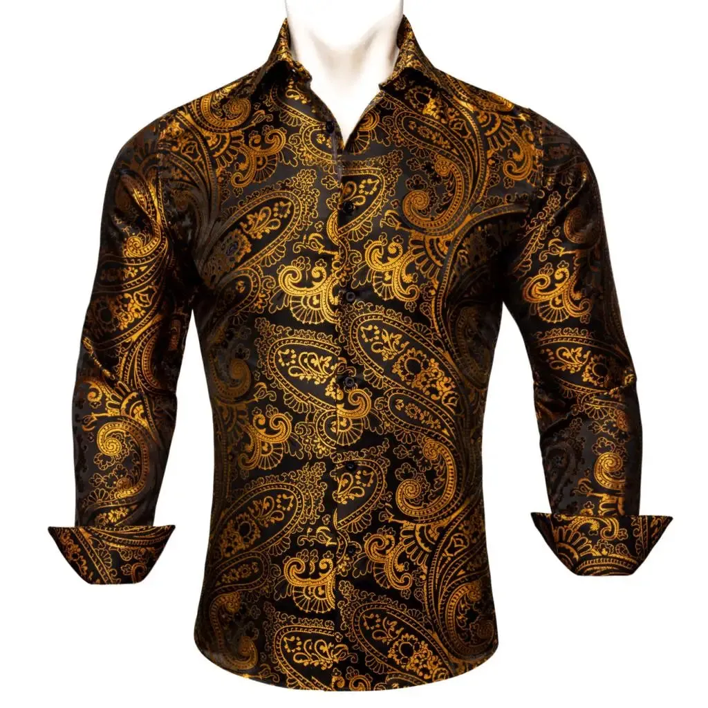 Designer Men's Shirts Silk Gold Embroidered Paisley Flower Long Sleeve Casual Blouses Slim Fit Clothing Lapel Tops Barry Wang