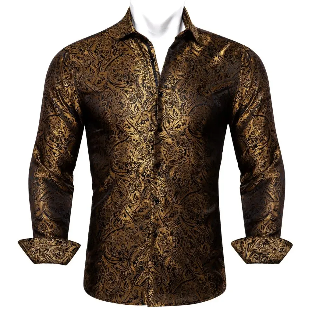 Designer Men's Shirts Silk Gold Embroidered Paisley Flower Long Sleeve Casual Blouses Slim Fit Clothing Lapel Tops Barry Wang