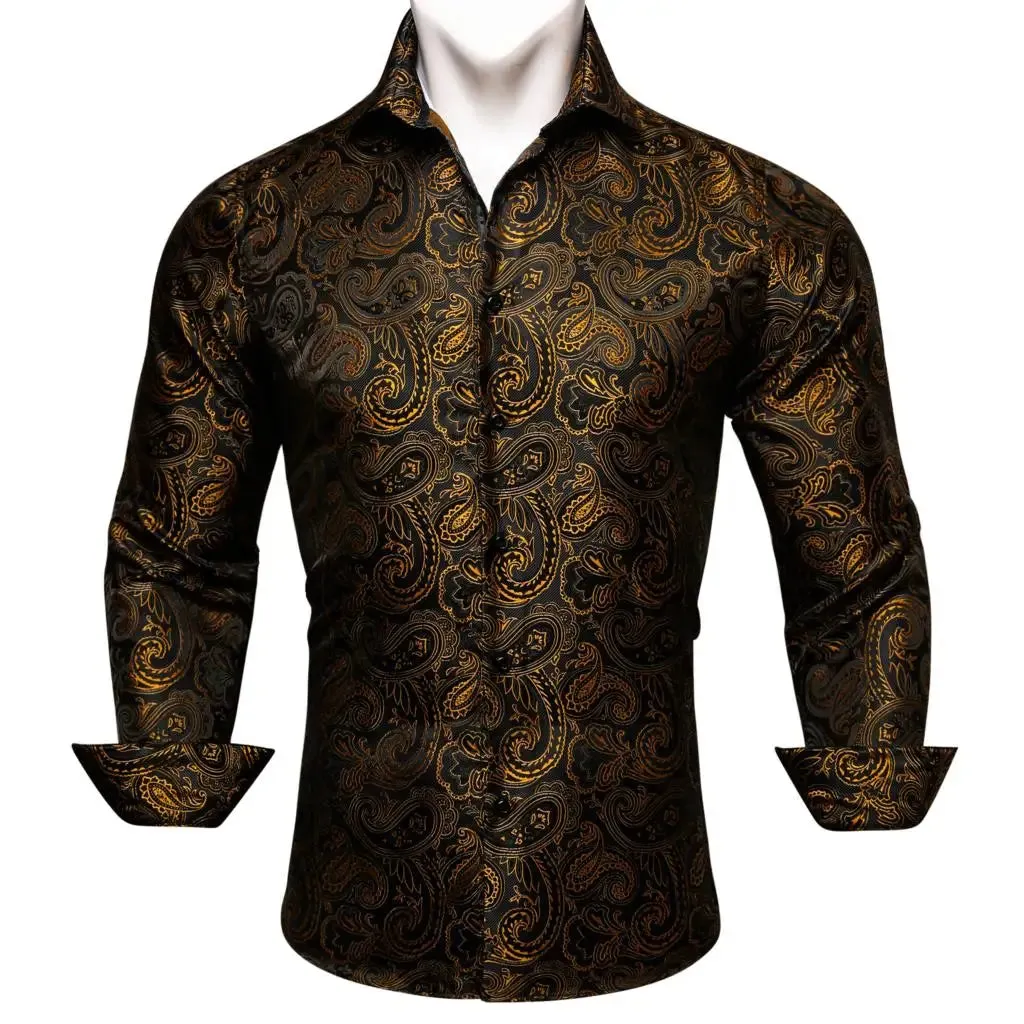 Designer Men's Shirts Silk Gold Embroidered Paisley Flower Long Sleeve Casual Blouses Slim Fit Clothing Lapel Tops Barry Wang