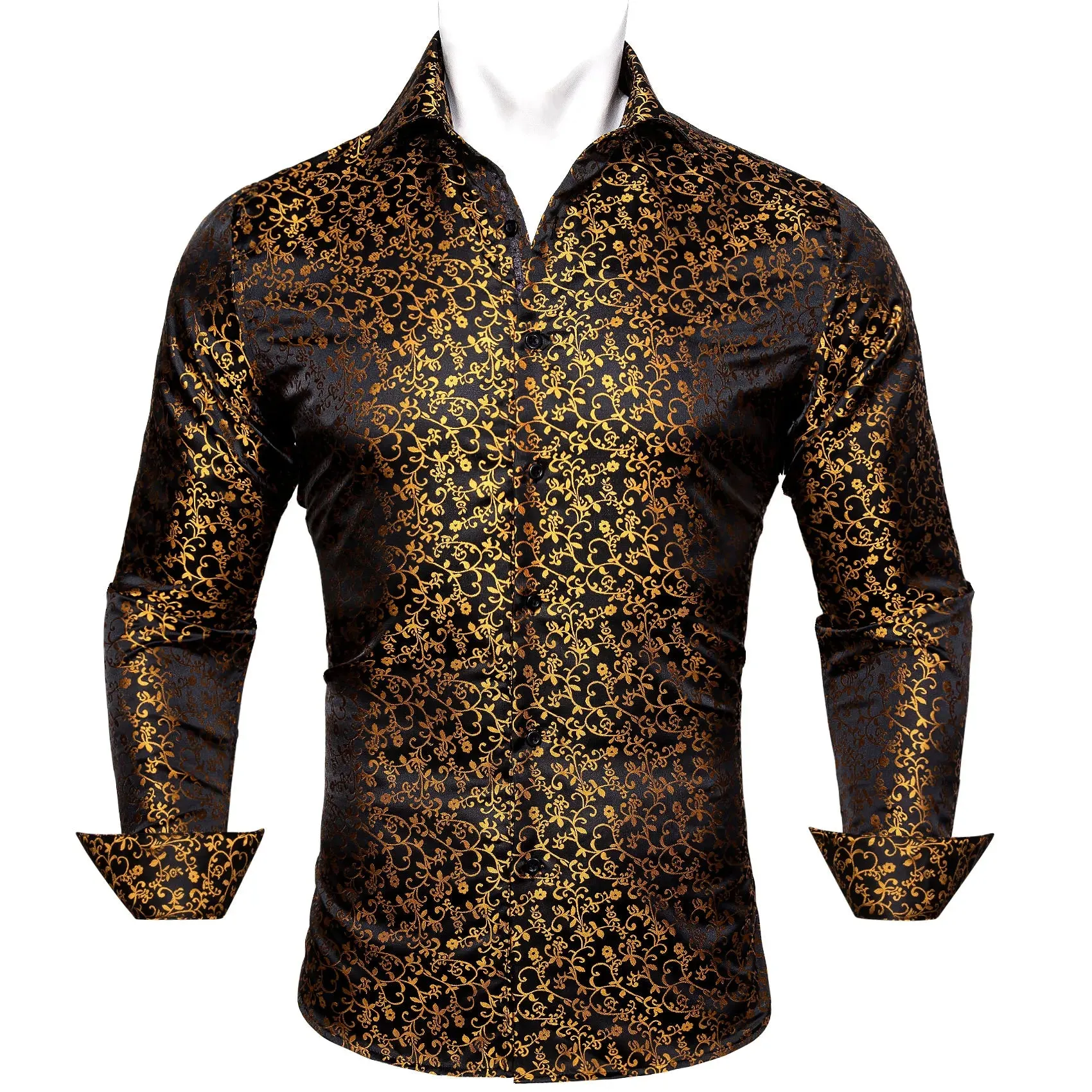 Designer Men's Shirts Silk Gold Embroidered Paisley Flower Long Sleeve Casual Blouses Slim Fit Clothing Lapel Tops Barry Wang