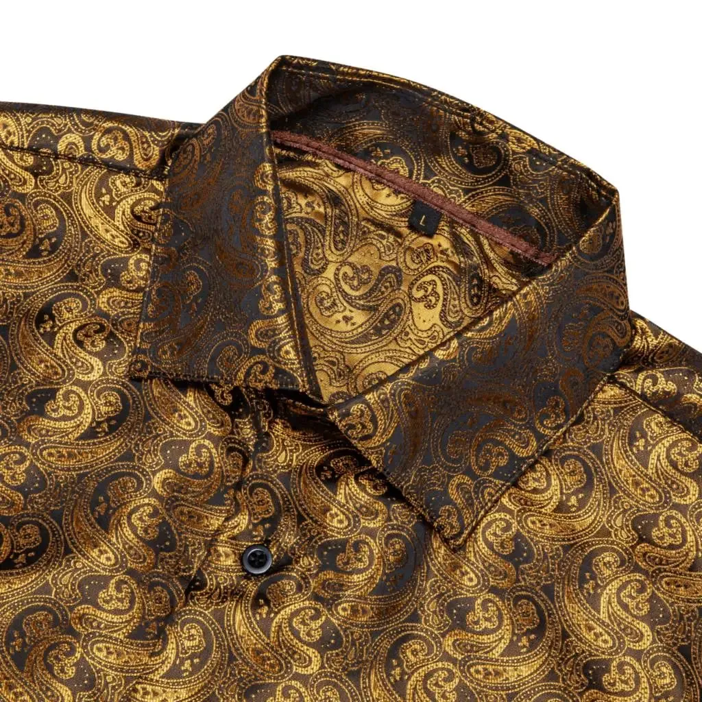 Designer Men's Shirts Silk Gold Embroidered Paisley Flower Long Sleeve Casual Blouses Slim Fit Clothing Lapel Tops Barry Wang