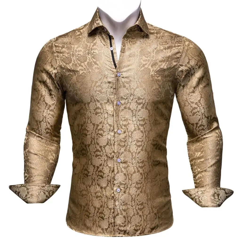 Designer Men's Shirts Silk Gold Embroidered Paisley Flower Long Sleeve Casual Blouses Slim Fit Clothing Lapel Tops Barry Wang