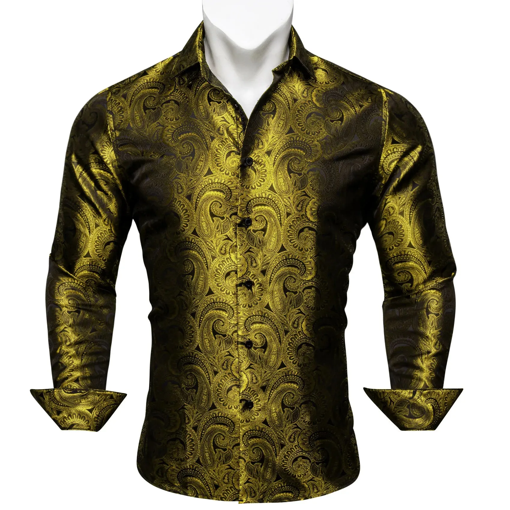 Designer Men's Shirts Silk Gold Embroidered Paisley Flower Long Sleeve Casual Blouses Slim Fit Clothing Lapel Tops Barry Wang