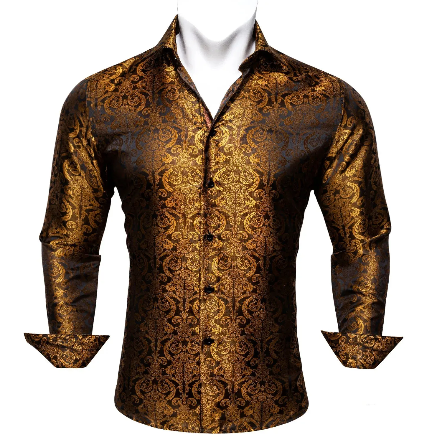 Designer Men's Shirts Silk Gold Embroidered Paisley Flower Long Sleeve Casual Blouses Slim Fit Clothing Lapel Tops Barry Wang