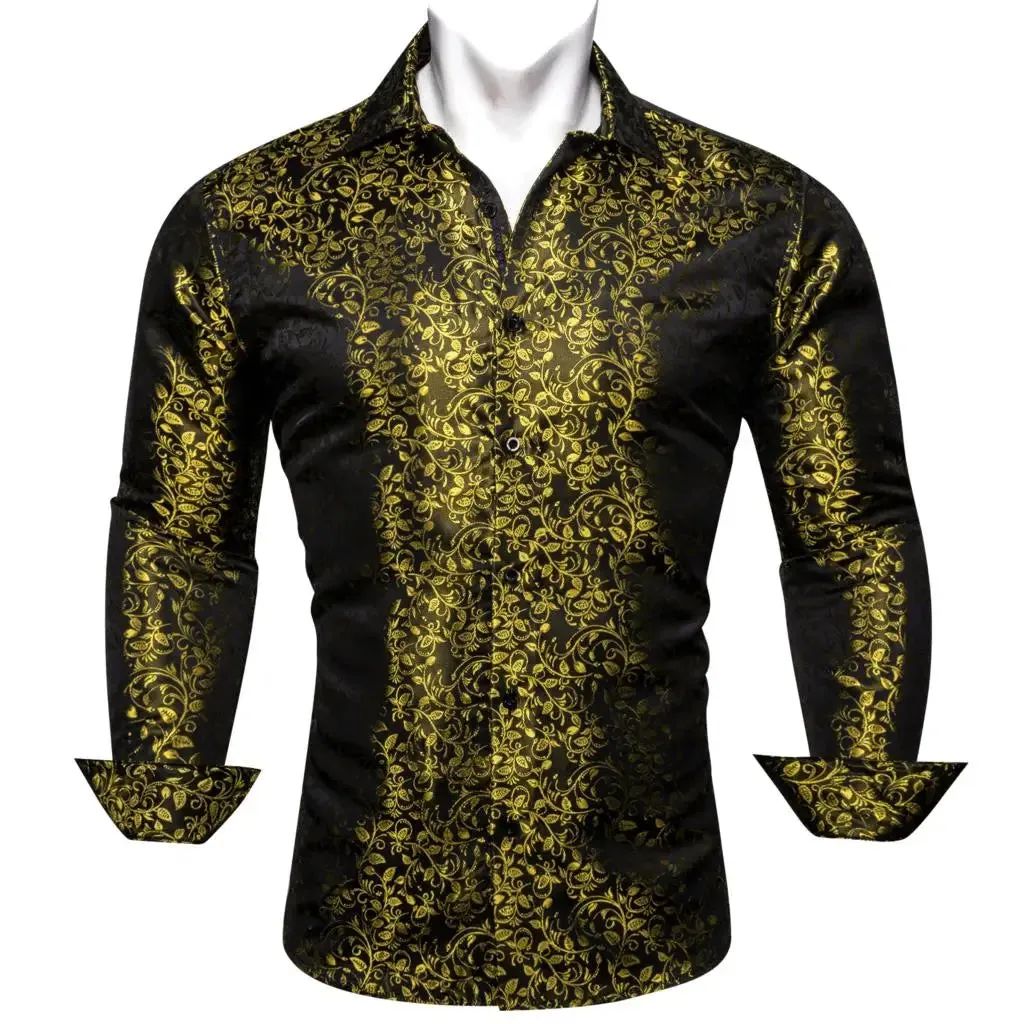 Designer Men's Shirts Silk Gold Embroidered Paisley Flower Long Sleeve Casual Blouses Slim Fit Clothing Lapel Tops Barry Wang