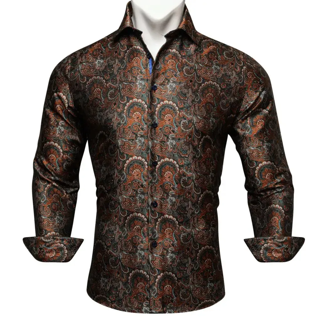 Designer Men's Shirts Silk Gold Embroidered Paisley Flower Long Sleeve Casual Blouses Slim Fit Clothing Lapel Tops Barry Wang