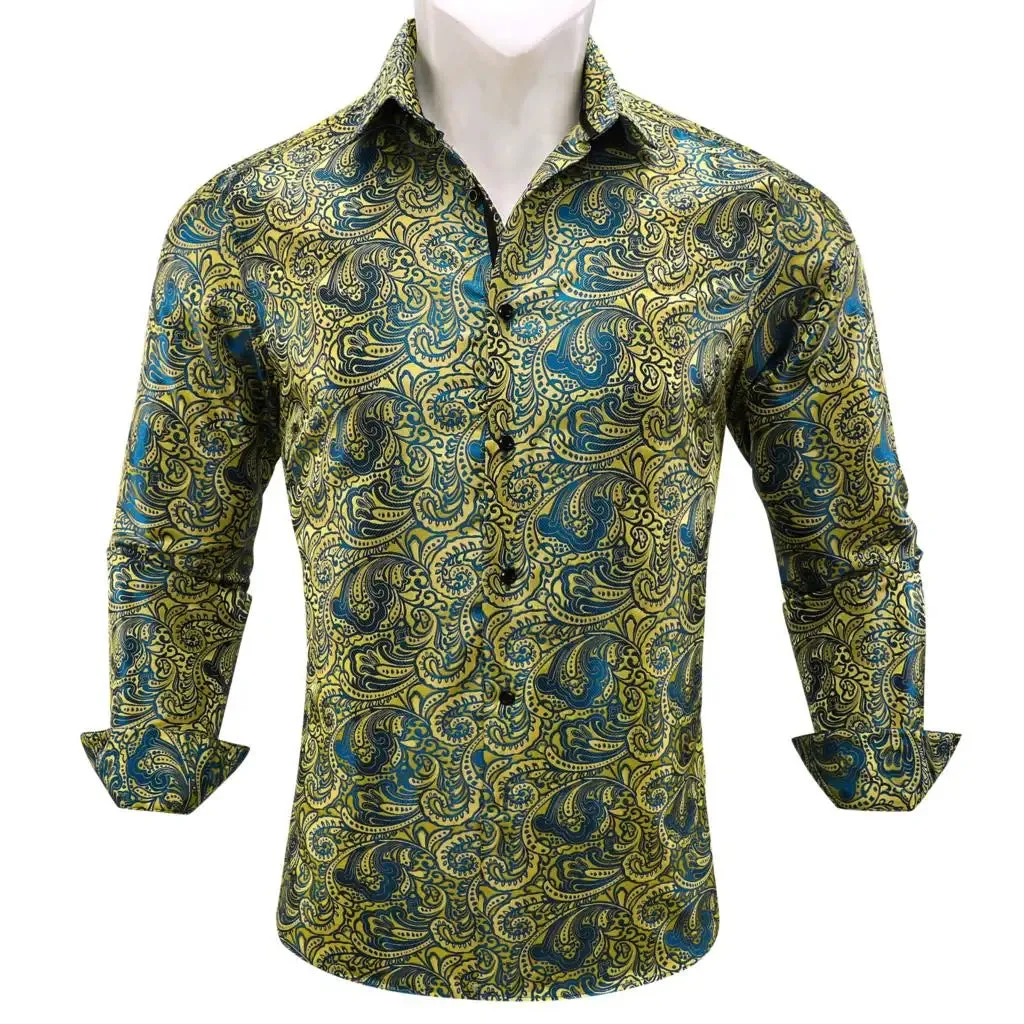 Designer Men's Shirts Silk Gold Embroidered Paisley Flower Long Sleeve Casual Blouses Slim Fit Clothing Lapel Tops Barry Wang