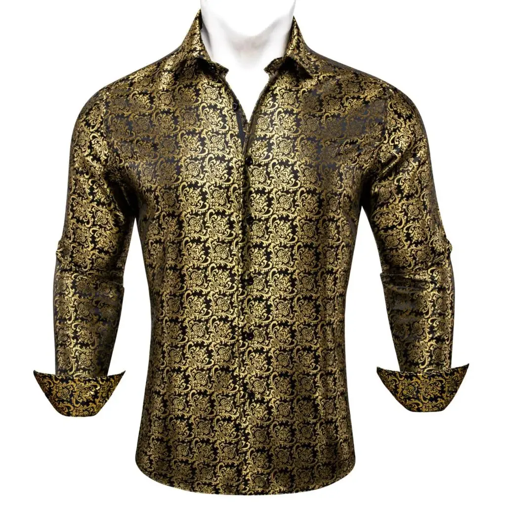 Designer Men's Shirts Silk Gold Embroidered Paisley Flower Long Sleeve Casual Blouses Slim Fit Clothing Lapel Tops Barry Wang