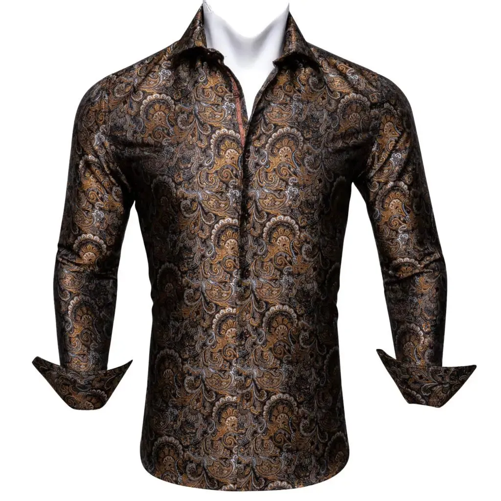 Designer Men's Shirts Silk Gold Embroidered Paisley Flower Long Sleeve Casual Blouses Slim Fit Clothing Lapel Tops Barry Wang