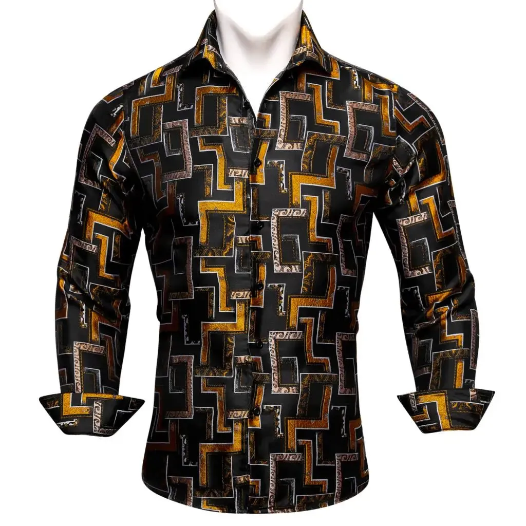 Designer Men's Shirts Silk Gold Embroidered Paisley Flower Long Sleeve Casual Blouses Slim Fit Clothing Lapel Tops Barry Wang