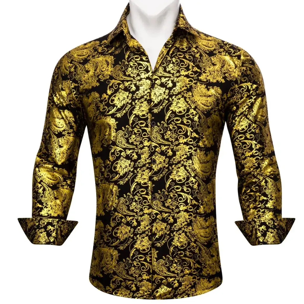 Designer Men's Shirts Silk Gold Embroidered Paisley Flower Long Sleeve Casual Blouses Slim Fit Clothing Lapel Tops Barry Wang