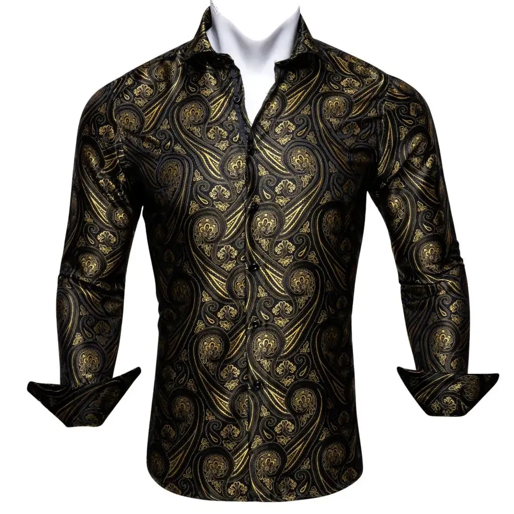 Designer Men's Shirts Silk Gold Embroidered Paisley Flower Long Sleeve Casual Blouses Slim Fit Clothing Lapel Tops Barry Wang