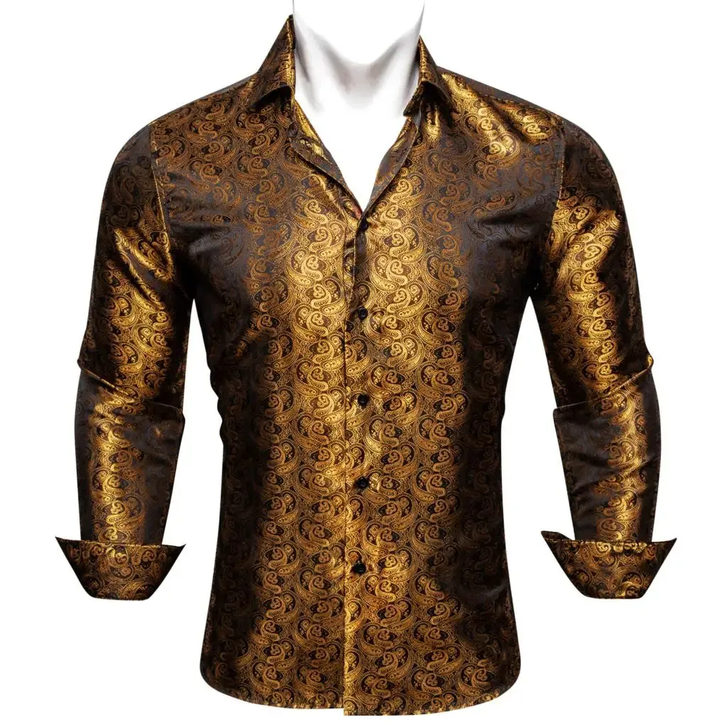 Designer Men's Shirts Silk Gold Embroidered Paisley Flower Long Sleeve Casual Blouses Slim Fit Clothing Lapel Tops Barry Wang