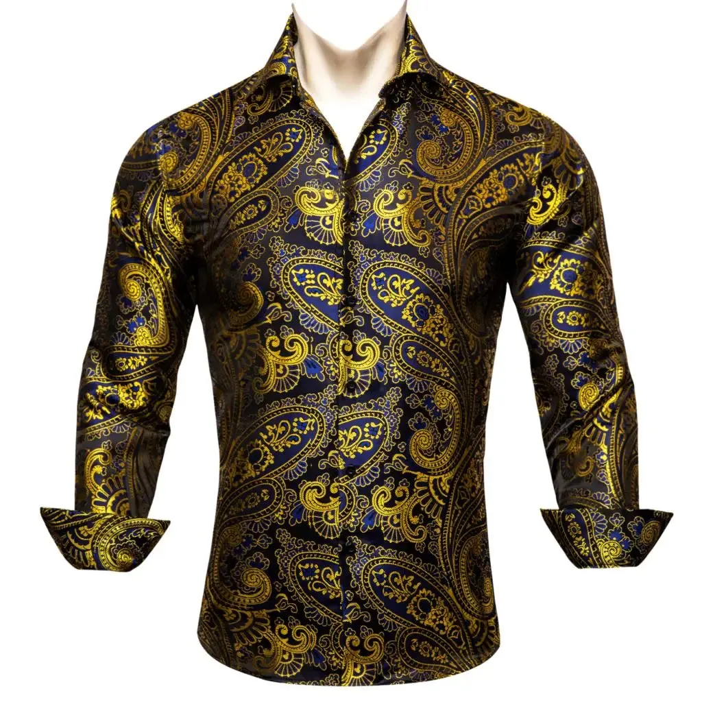 Designer Men's Shirts Silk Gold Embroidered Paisley Flower Long Sleeve Casual Blouses Slim Fit Clothing Lapel Tops Barry Wang