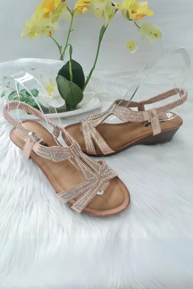 Diamante Pattern Wedge Elastic Strap Heels Sandal