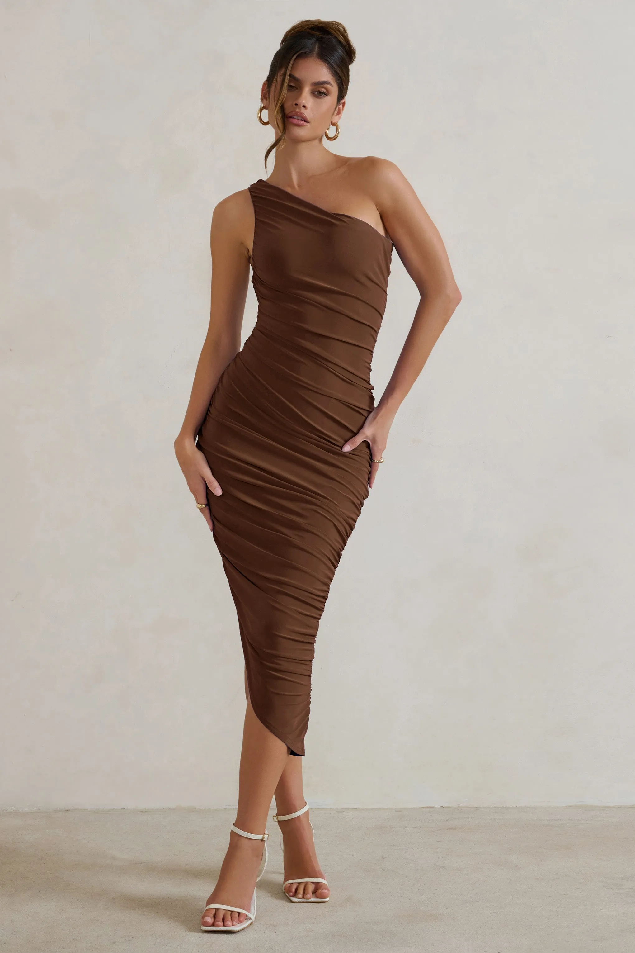 Dorit | Chocolate One Shoulder Asymmetric Ruched Midi Dress