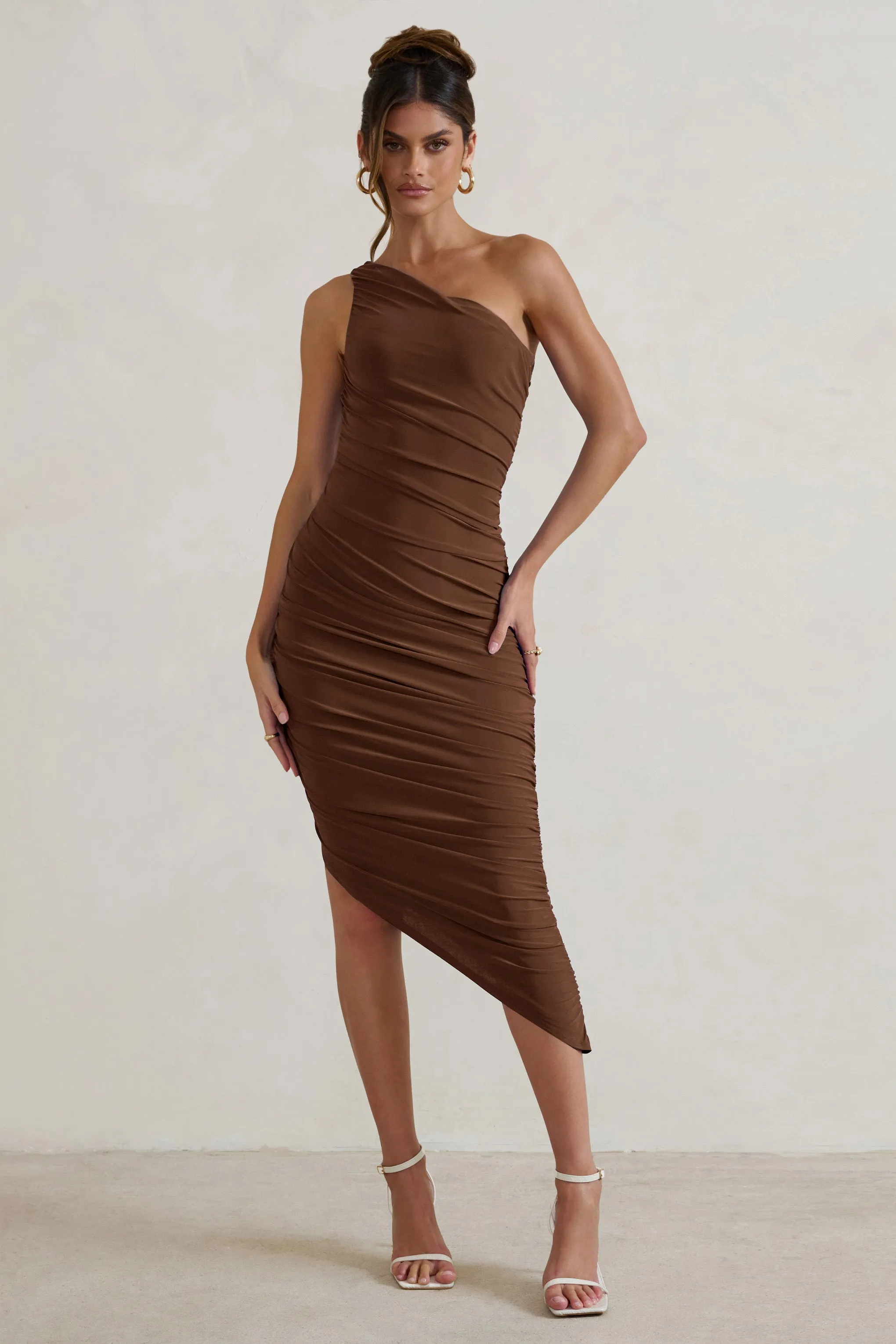 Dorit | Chocolate One Shoulder Asymmetric Ruched Midi Dress