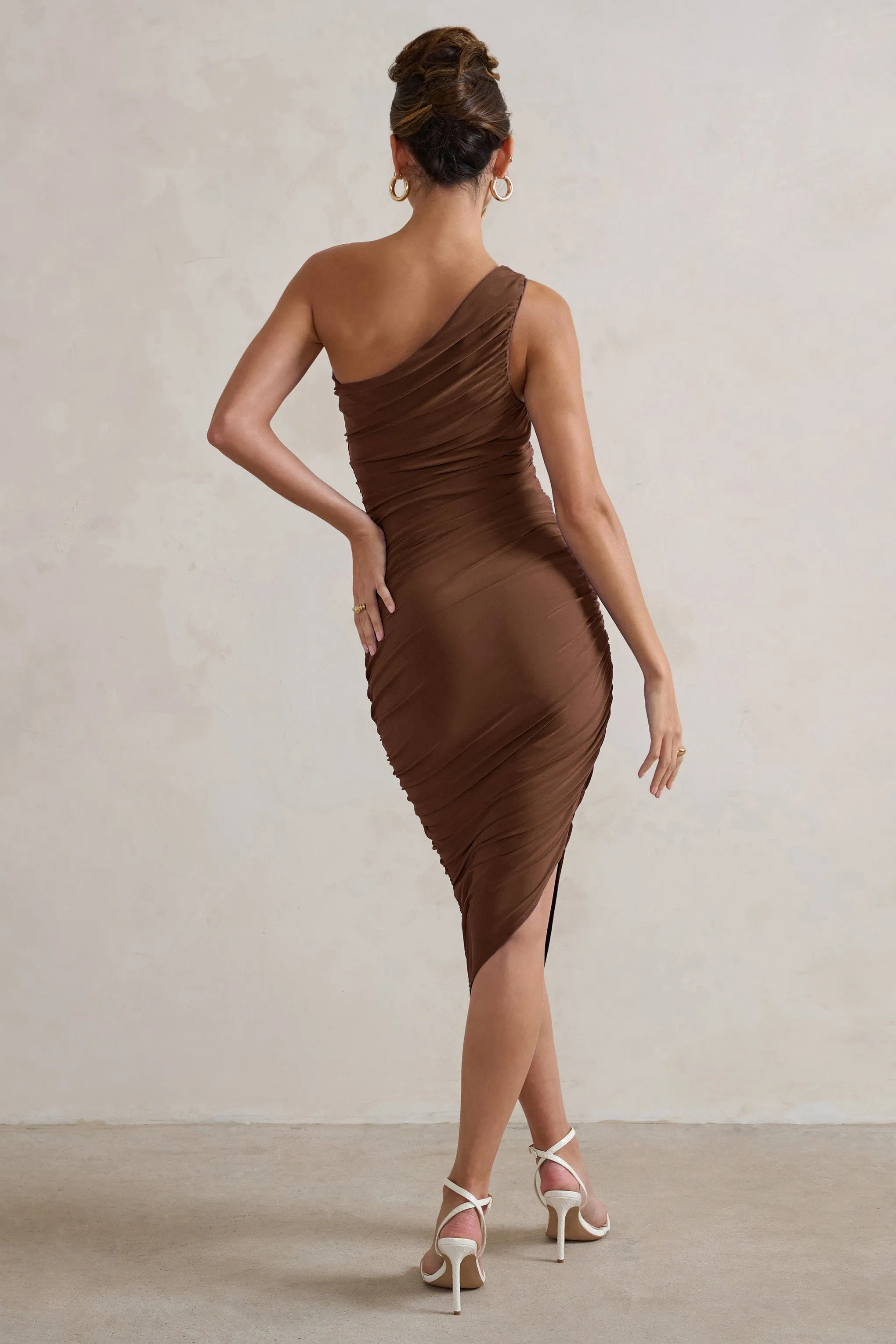 Dorit | Chocolate One Shoulder Asymmetric Ruched Midi Dress