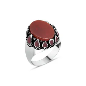 Ellipse Red Agate Stone Silver Men's Ring with Red Teardrops Around