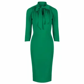 Green 3/4 Sleeve Tie Neck Bodycon Pencil Dress