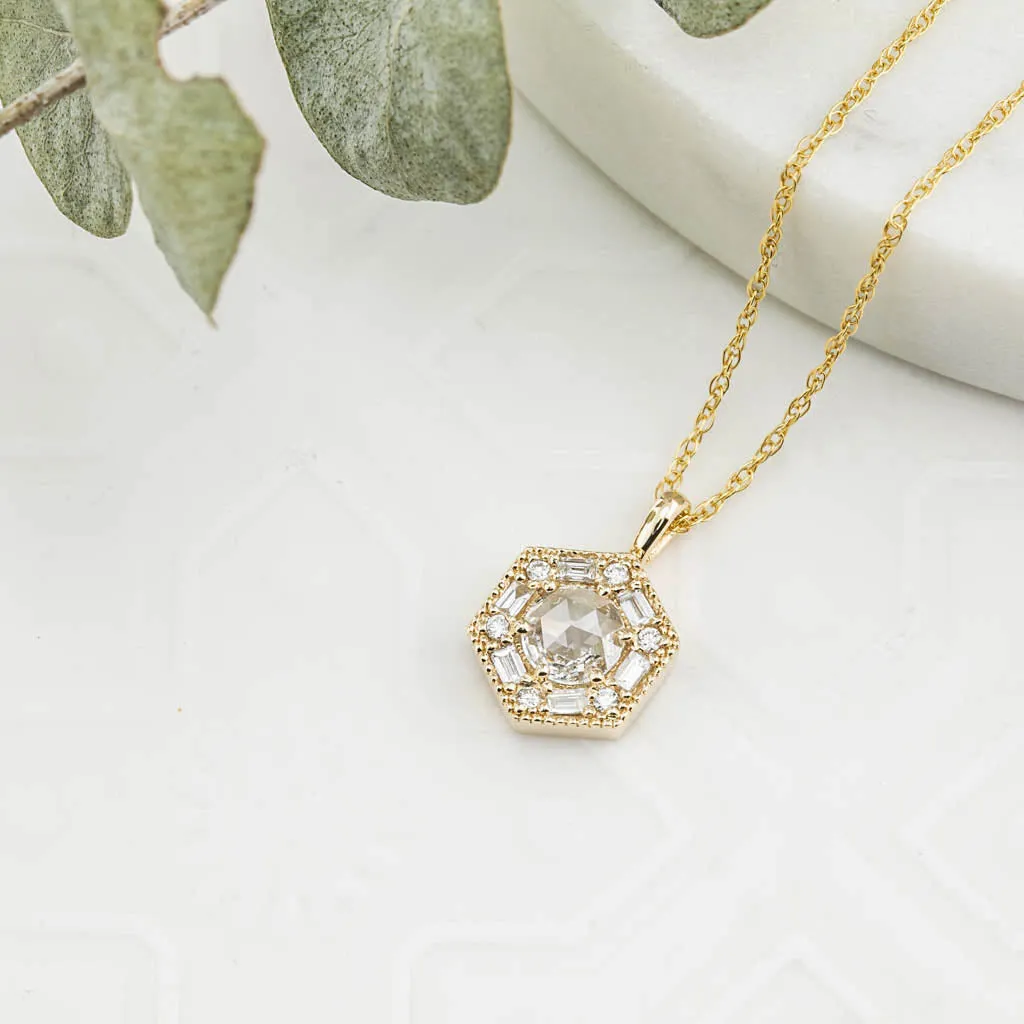 Hexagon Necklace - 5mm Rosecut Diamond Necklace, 14k yellow gold (One of a kind)