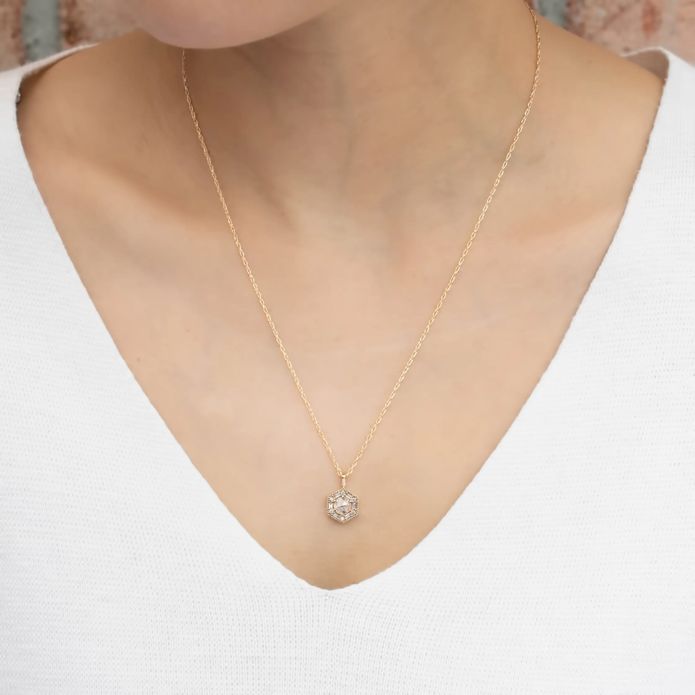 Hexagon Necklace - 5mm Rosecut Diamond Necklace, 14k yellow gold (One of a kind)