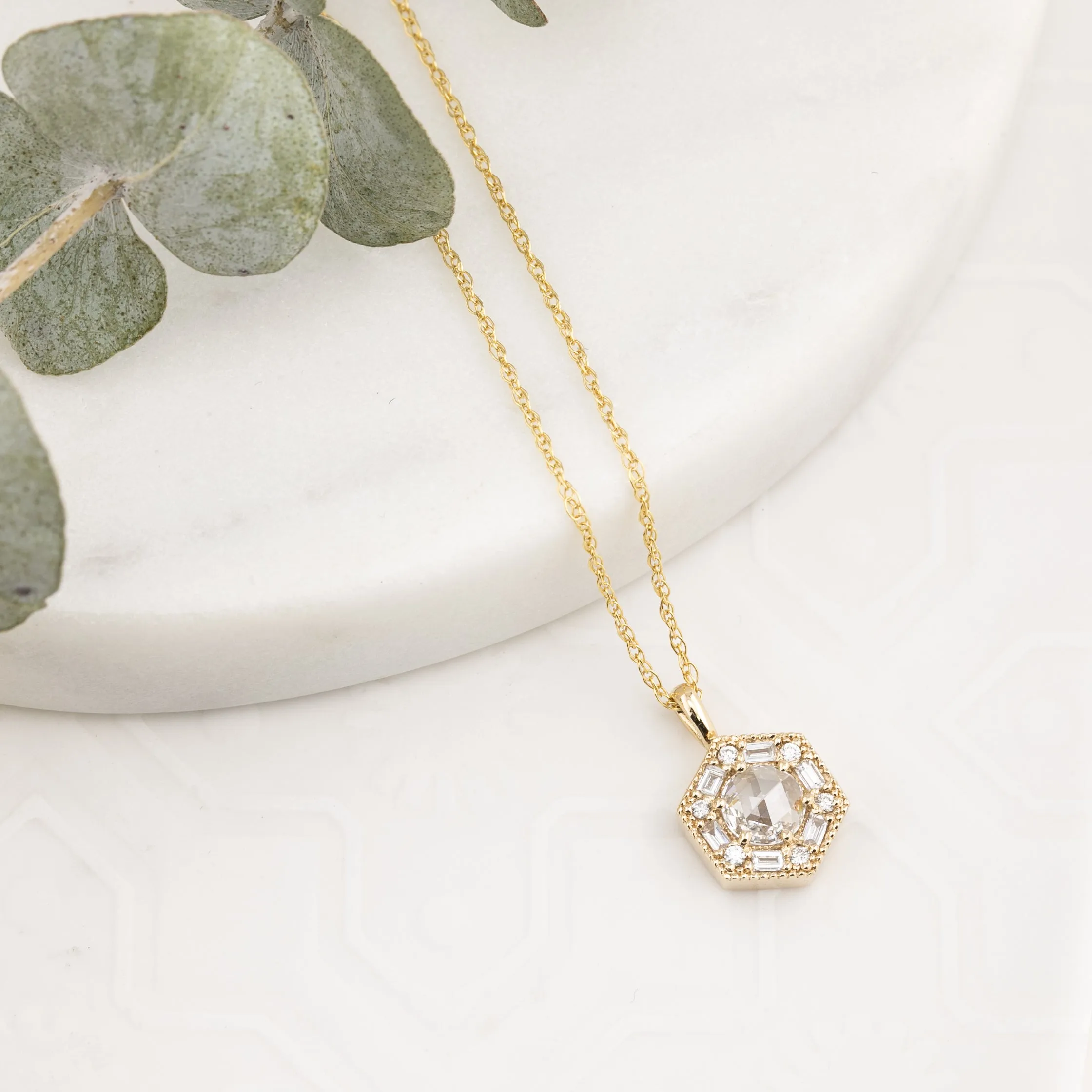 Hexagon Necklace - 5mm Rosecut Diamond Necklace, 14k yellow gold (One of a kind)