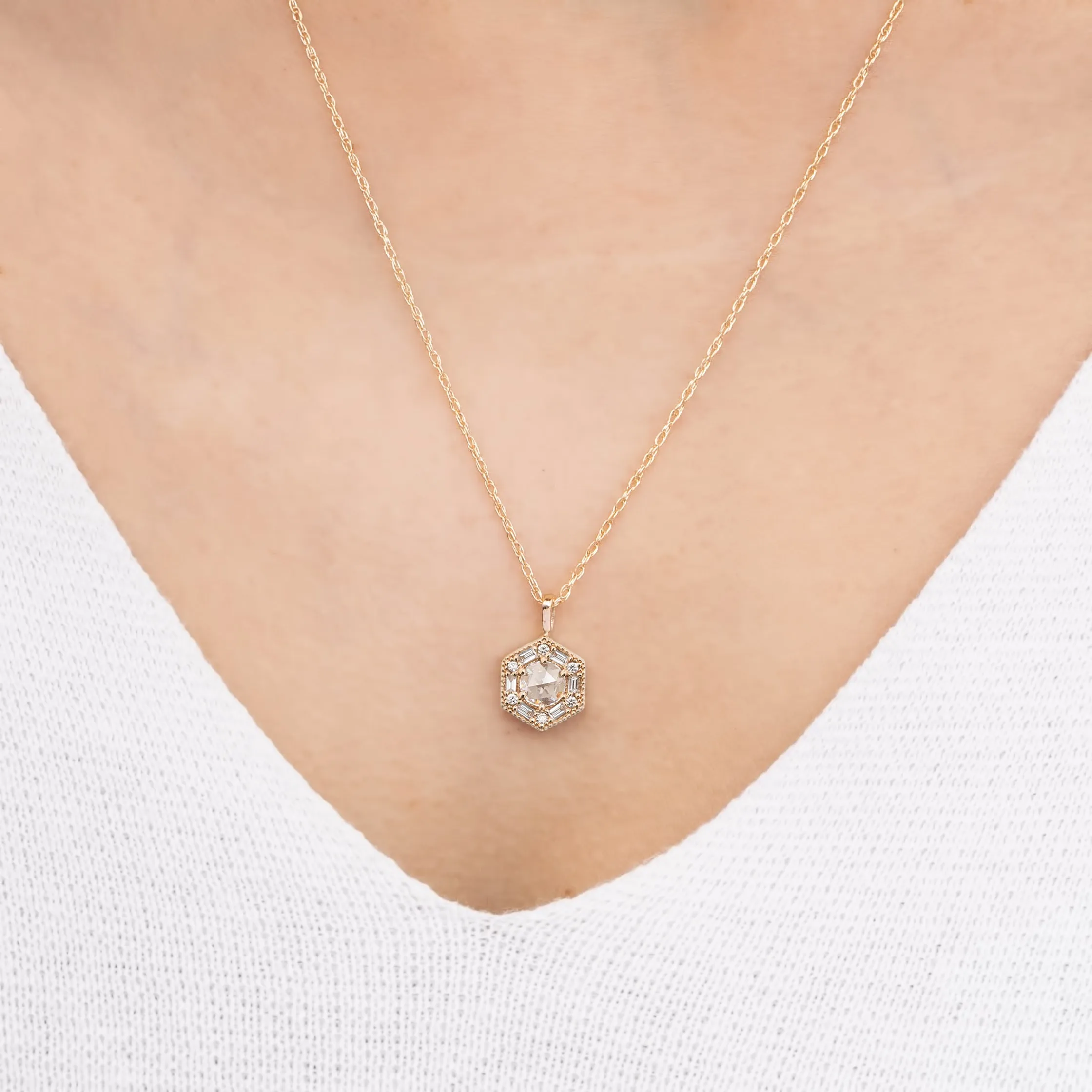 Hexagon Necklace - 5mm Rosecut Diamond Necklace, 14k yellow gold (One of a kind)