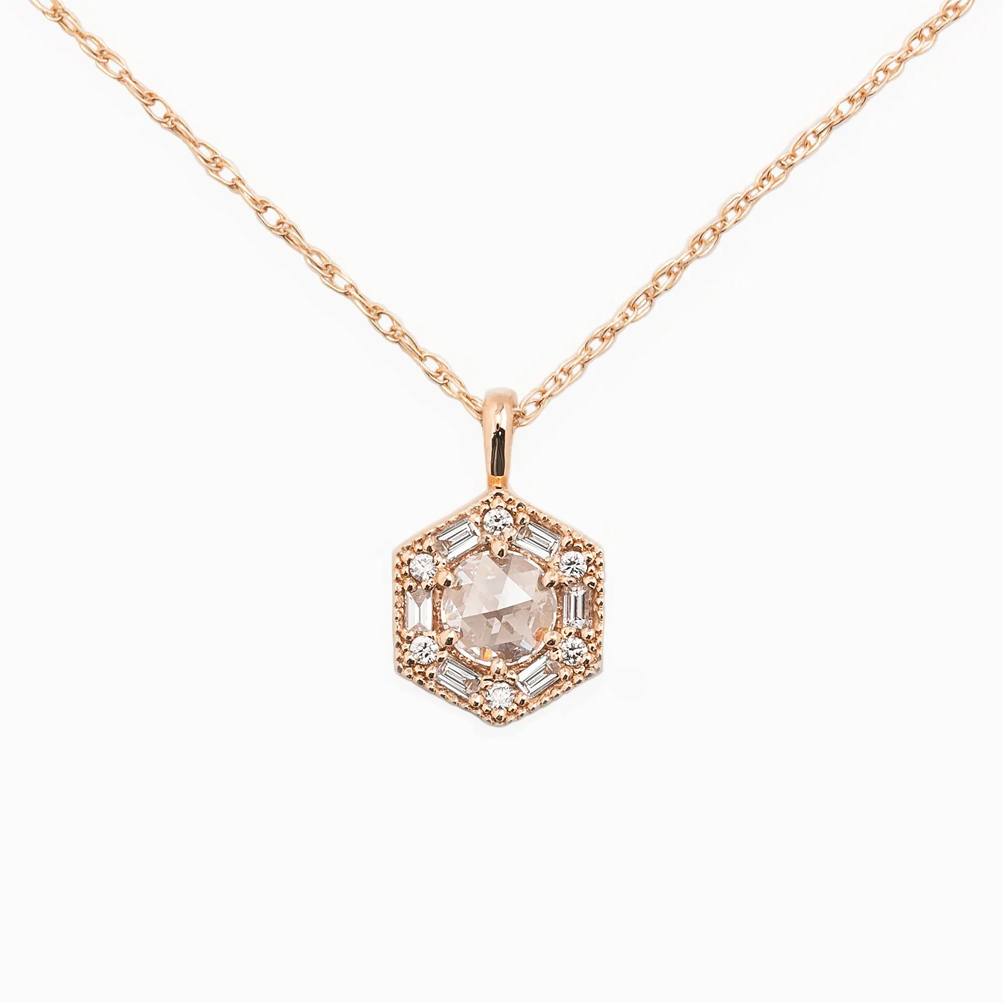 Hexagon Necklace - 5mm Rosecut Diamond Necklace, 14k yellow gold (One of a kind)