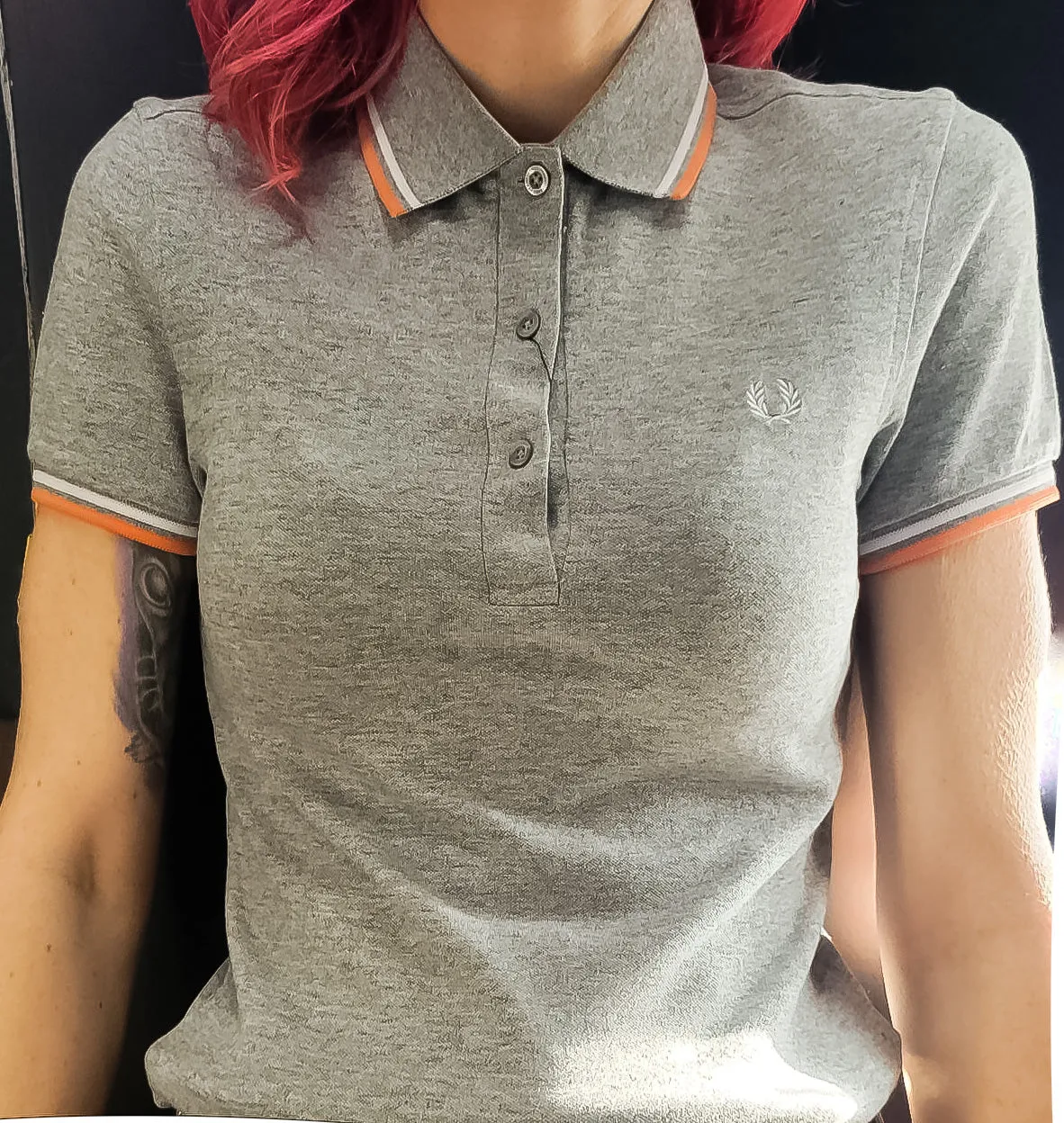 LADIES TWIN TIPPED FRED PERRY SHIRT (VINTAGE STEEL MARBLE/WHITE/PEACH)