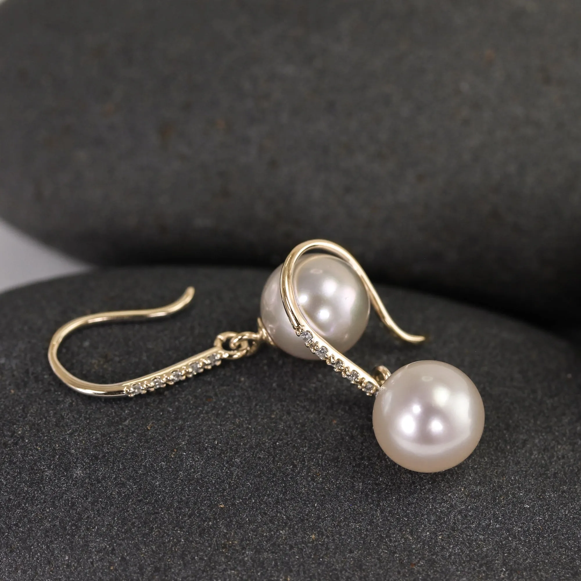 Large Pearl Drops in 14K with Diamond Encrusted Hoops