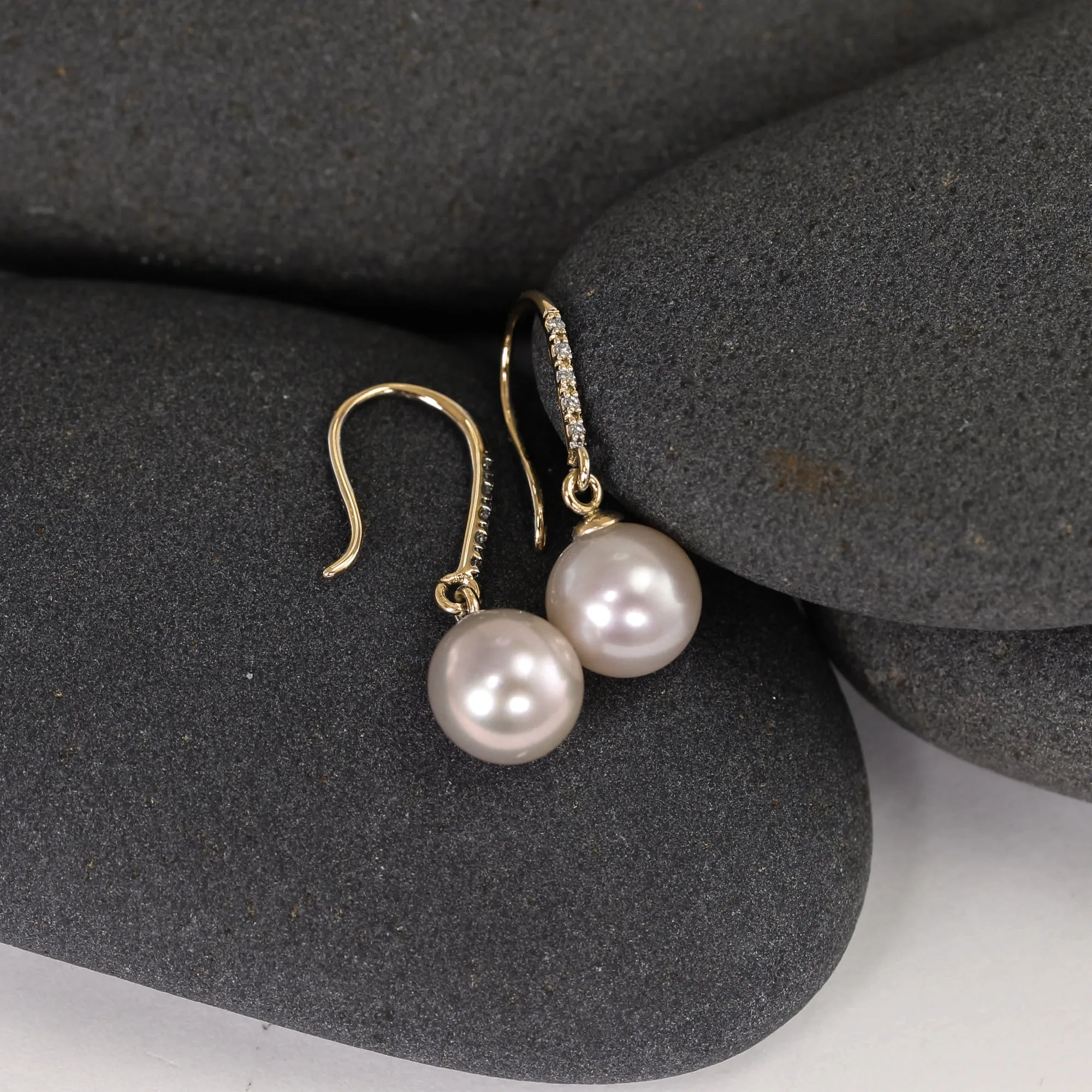 Large Pearl Drops in 14K with Diamond Encrusted Hoops