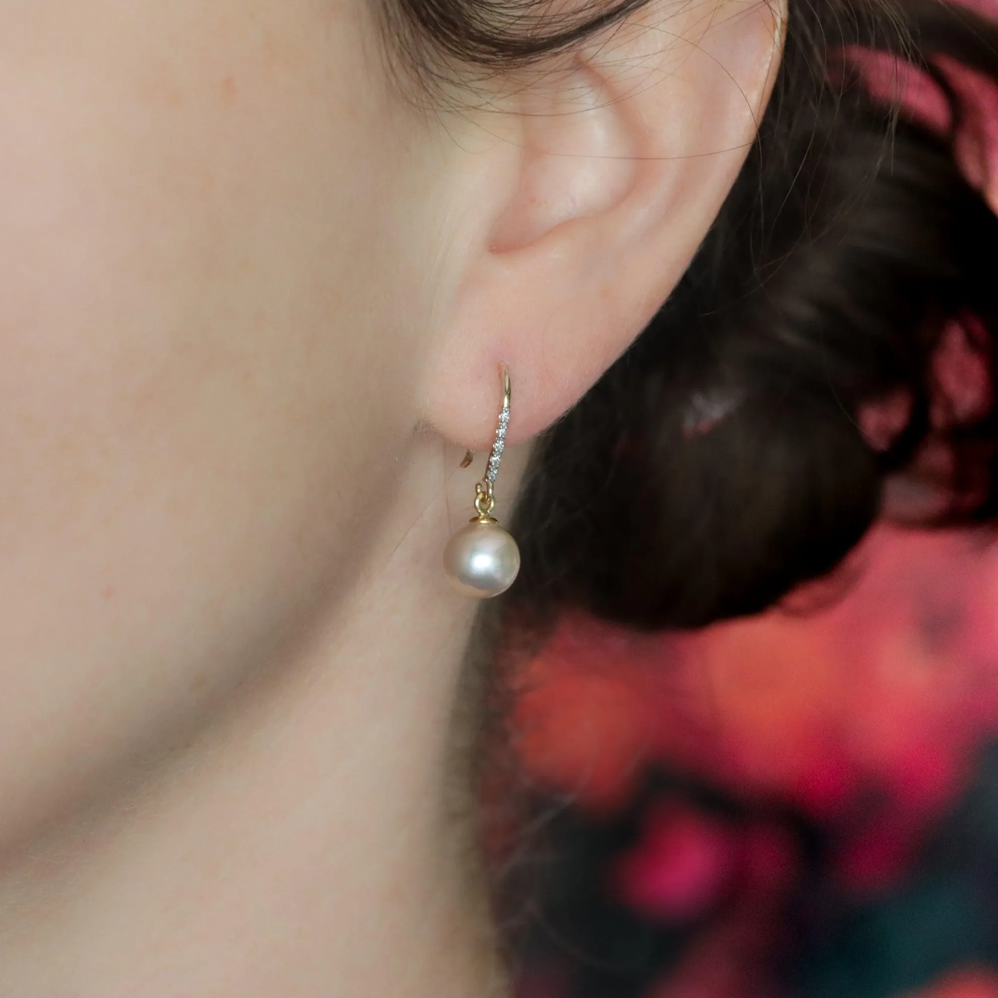 Large Pearl Drops in 14K with Diamond Encrusted Hoops